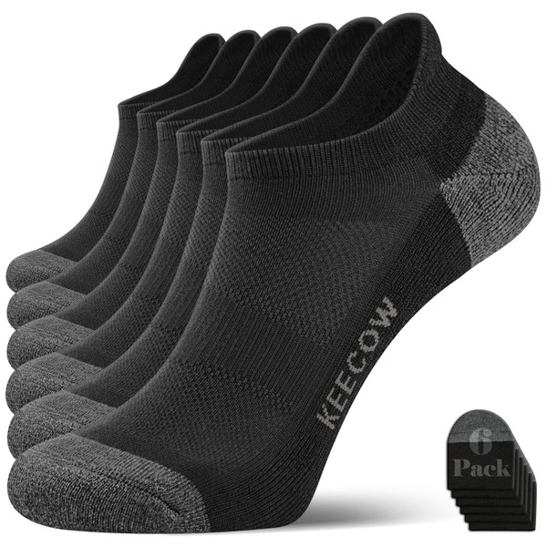KEECOW Performance Comfort No Show Ankle Cushion Socks For Men & Women, Athletic, Tab, Short For Running, Walking, Outdoor (Medium, Black (6 Pairs))