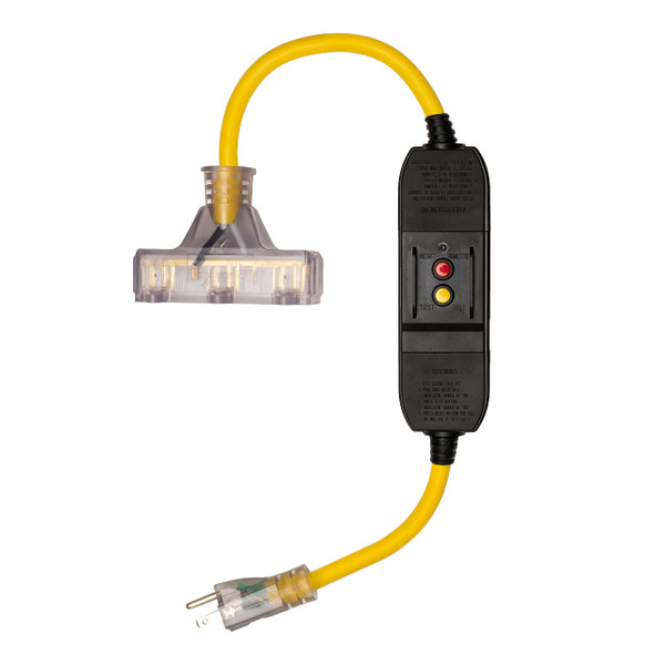 ShockGuard Portable GFCI Extension Cord | 2-Foot 12/3 Gauge SJTW Lighted Inline GFCI Extension Cord 3-outlets