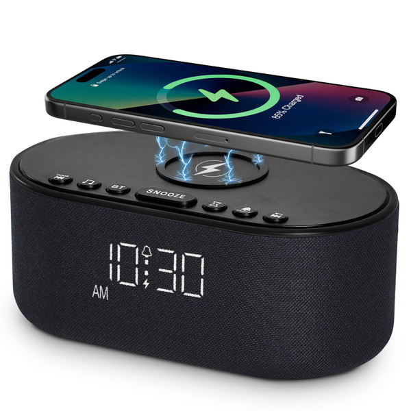 Sound Machine Alarm Clock for Bedrooms: Bluetooth 10W Stereo Sound Speaker with Wireless Charging - White Noise Machine for Sleeping with 21 Soothing Sounds - Black Sound Machine Alarm Clock for Bedrooms: Bluetooth 10W Stereo Sound Speaker with Wireless Charging - White Noise Machine for Sleeping with 21 Soothing Sounds - Black