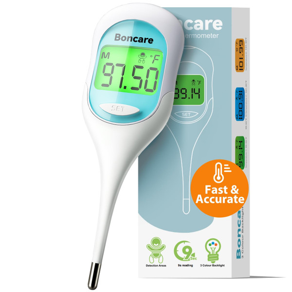Boncare 9 Seconds Digital Basal Thermometer - Accurate Oral & Rectal Thermometer for Adults & Kids, Fever Alarm, Large Display (Blue)