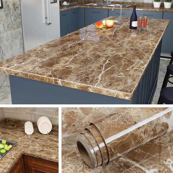 Livelynine 24 x 197 Inch Brown Countertop Contact Paper for Kitchen Peel and Stick Countertops Waterproof Marble Wallpaper for Bathroom Self Adhesive Counter Top Covers Table Sticker Desk Vinyl Wrap