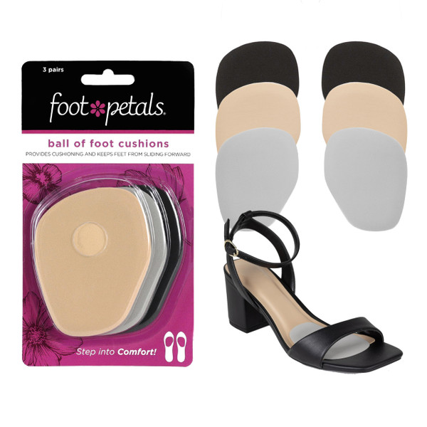 Foot Petals Ball of Foot Cushions, Metatarsal Pad, Lasting Comfort Relief, Prevent Toe Sliding, Overhang, Women's Heels, 3 Pair, Combo