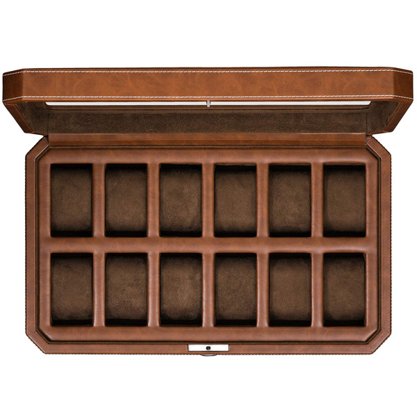 ROTHWELL 12 Slot Leather Watch Box - Luxury Watch Case Display Organizer, Microsuede Liner, Locking Mens Jewelry Watches Holder, Men's Storage Boxes Holder Large Glass Top (Tan/Brown)