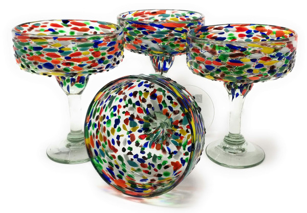 Dos Sueños Mexican Hand Blown Glass – Set of 4 Hand Blown Margarita Glasses Confetti Rock (16 oz) …