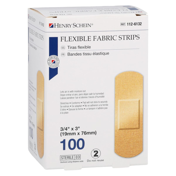 Henry Schein Adhesive Fabric Bandage Strips, 3/4" x 3", Sterile, Box of 100 Henry Schein Adhesive Fabric Bandage Strips, 3/4" x 3", Sterile, Box of 100