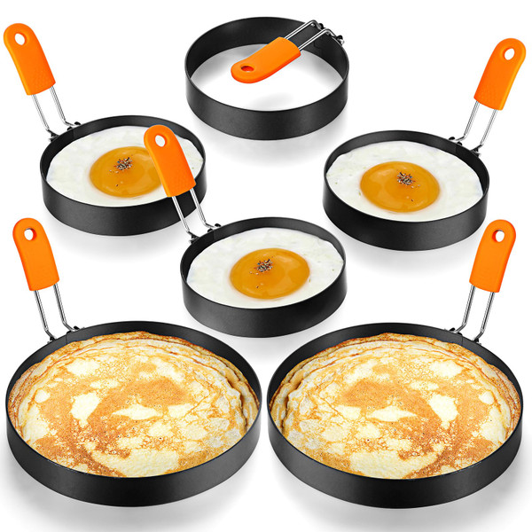 Patelai 6 Pcs Professional Egg Ring Pancake Ring Set Stainless Steel Fried Egg Molds Griddle Pancake Shapers with Orange Silicone Handle for Breakfast Omelette Sandwich(4, 6 Inch)