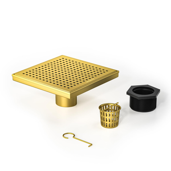 Bernkot Square Shower Drain 8", 304 Stainless Steel Floor Drain with Grid Drain Cover & Hair Strainer, Shower Drain w/CUPC Certified, Brushed Gold