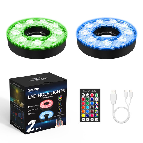 KINGTOP Rechargeable LED Golf Hole Light - Waterproof, Focused Illumination Lens, Remote-Controller, Perfect for Backyard Night Golf Practice Putting Green, Camping, Outdoor Party, O-2Pack