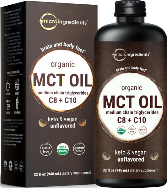 MCT Oil Organic, 32 fl oz |100% Virgin Coconut with C8 + C10 Fatty Acids | Natural Fuel for Brain Energy & Ketone Production | Great for Coffee or Dressings | Unflavored, Keto, Vegan MCT Oil Organic, 32 fl oz |100% Virgin Coconut with C8 + C10 Fatty Acids | Natural Fuel for Brain Energy & Ketone Production | Great for Coffee or Dressings | Unflavored, Keto, Vegan