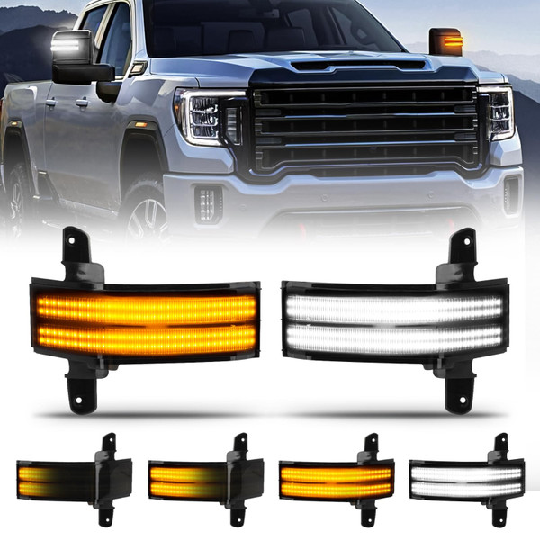 KDM Led Sequential Side Mirror Reflector Light Fit for 2014-2019 Chevy Silverado GMC Sierra 1500 2500 3500,Switchback Tow Mirror Turn Signal Dynamic Amber with White Parking Cargo Lamp,2Pack