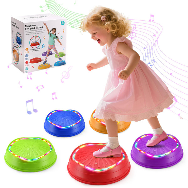 Piyl Light up Stepping Stones for Kids with Musical Toddlers 3-6, Non-Slip Jumping Hopscotch Balance Stepping Stones, 5 Pieces, Indoor & Outdoor Play, 3 Music Modes, LED Glowing, Sensitive Touch