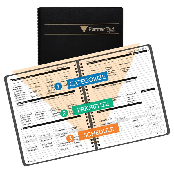 Planner Pad Spiral Bound 3-Tier Funnel Down 12 Month Organizer, October 2025 – September 2026, Black Cover/Black Ink, 6 3/4" x 8 1/2"