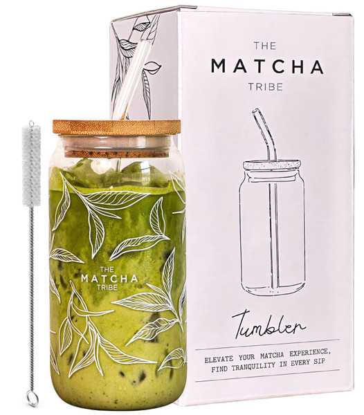 Glass Tumbler With Straw and Lid. Borosilicate Glass - BPA Free - Reusable Matcha Cup Heat Resistant 16oz. Great Gift for Matcha Lovers!