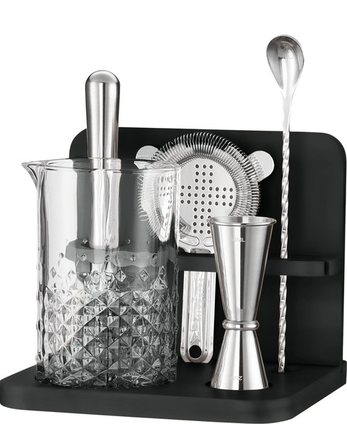 Crystal Cocktail Mixing Glass Set with Bamboo Stand - 22 Oz 650ml - Thick and Sturdy Bottom, Durable and Seamless Design with Bar Accessories