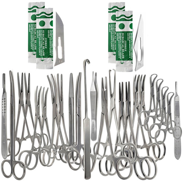 A2Z Scilab Premium Quality 43pcs Scissors Forceps Hemostats Needle Holder Backhaus Clamps + Extra Blades - All in 1 Complete Kit for Student Veterinary Training - Made of Stainless Steel