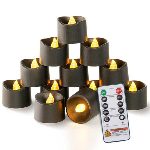 Homemory 12pcs Black Remote Timer LED Tea Lights Candles, 400+Hours Flickering Flameless Battery Votive Tealights for Tabletop Lighting, Centerpieces Decor, Holiday, Warm White Glow