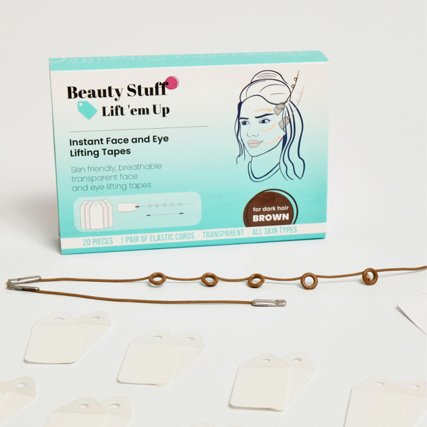 Lift ‘Em Up Facelift Tapes, 20 Pcs USA-Made Hypoallergenic Tapes for Eye Lifting, Instant Face and Eye Lift, Non Surgical Facelift, Waterproof Invisible Facelift Bands (Dark Hair)