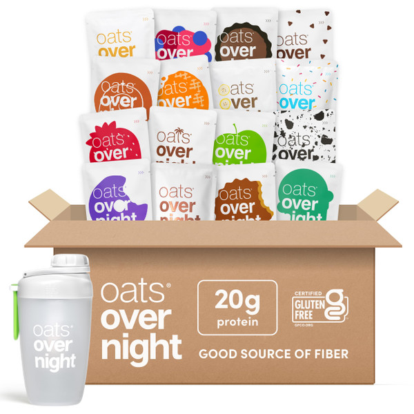 Oats Overnight Ultimate Variety Pack - High Protein, 5g Fiber Breakfast Protein Shake, Gluten Free Oatmeal, Non GMO Oatmeal - Green Apple Cinnamon, Coconut Cream Pie & More (16 Pack + Shaker Bottle)