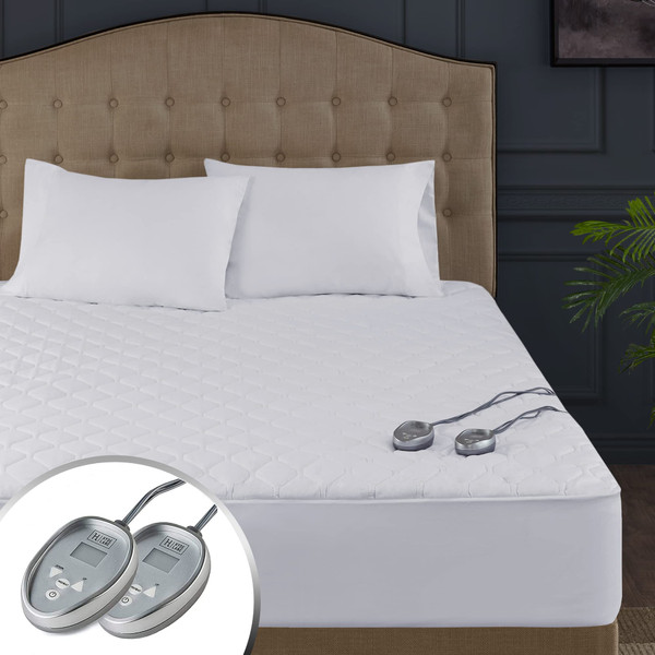California King Heated Mattress Pad with Dual Control, 100% Cotton Electric Bed Warmer, 20 Heat Settings & Auto Shut-Off, Fits up to 18-Inch Mattresses - Machine Washable & EMF-Safe