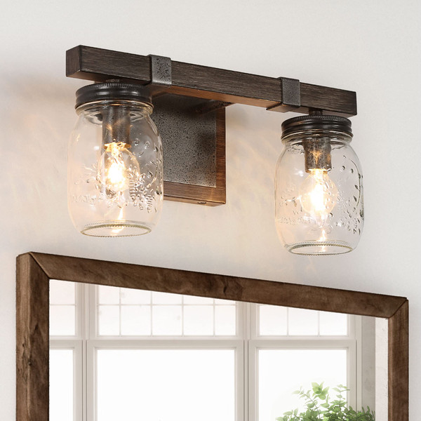 classy leaves Bathroom Light Fixtures, 2-Light Mason Jar Vanity Lights, Farmhouse Rustic Bathroom Vanity Light with Faux Wood Finish(13.8’’L × 5.9’’W × 7.3’’H), Brown
