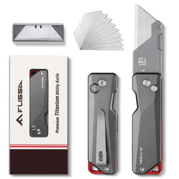 FLISSA Advanced Titanium Utility Knife, CNC Unibody, Lightweight All Metal Folding Box Cutter, Quick Change Blade Razor Knife,Ideal Gifts for Men Women, with 10 Extra Blades FLISSA Advanced Titanium Utility Knife, CNC Unibody, Lightweight All Metal Folding Box Cutter, Quick Change Blade Razor Knife,Ideal Gifts for Men Women, with 10 Extra Blades