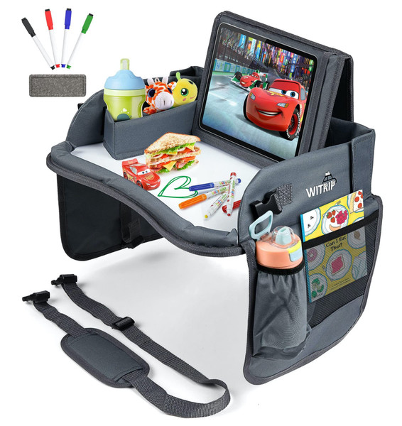 Kids Travel Tray with Dry Erase Board - Car Seat Tray for Kids Travel, Carseat Table Top for Toddler, Lap Desk for Car Seat, Activity Organizer & Snack Holder, Road Trip Essentials for Kid (Gray)