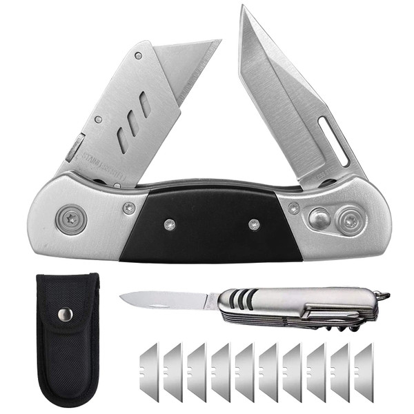 Folding Utility Knife with Sheath and 10 Razor Blades, Heavy Duty Box Cutter Knife with Dual Blades, Construction Knifes Electrician Knife for Carpet Cardboard Work, Pocket Knives Set Gift for Men