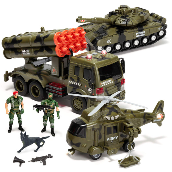 JOYIN 3 in 1 Friction Powered Siren Army Vehicle Toy with Action Figures - Military Truck, Helicopter and Tank Toy with Light and Sound Siren for Imaginative Play, Presents for Kids