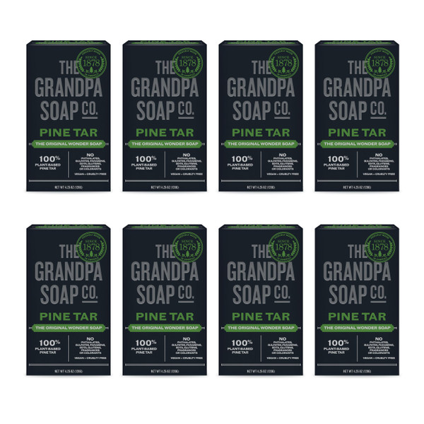 The Grandpa Soap Company Pine Tar Bar Soap for Men- Made With Pine Tar Oil, 3 in 1 Cleanser Deodorizer and Moisturizer, Dermatologist Tested, Safe for Sensitive Skin, 4.25 Oz, 8 Pack