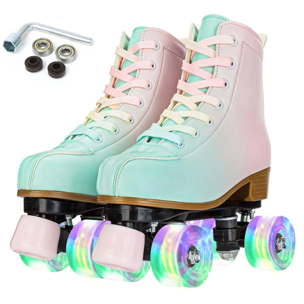 YYW Roller Skates for Girl Women Quad Roller Derby Skates High Top Double Row Light Up Roller Skates PU Skates Shoes for Kid Beginner Indoor Outdoor (32)