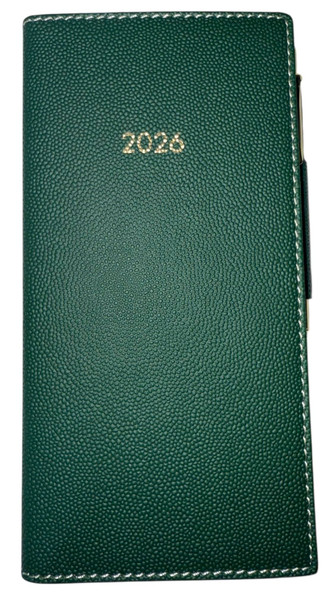 2026 Italian Bonded Leather Forest Green Monthly Pocket Planner/Engagement Calendar With Pen