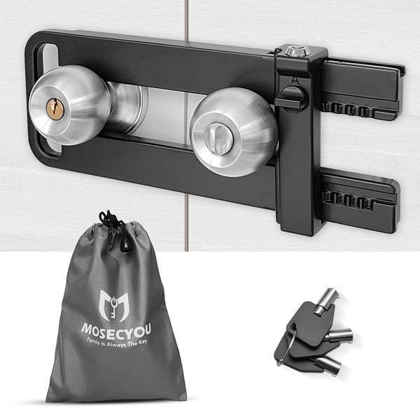 MOSECYOU Double Door Locking Device, French Door Lock Security Barricade, Keyed Extra Door Lock for Doors with Double Handles/Knobs/Levers, All Metal Construction, Safety U-Shaped Bar Prevent Kick Ins MOSECYOU Double Door Locking Device, French Door Lock Security Barricade, Keyed Extra Door Lock for Doors with Double Handles/Knobs/Levers, All Metal Construction, Safety U-Shaped Bar Prevent Kick Ins
