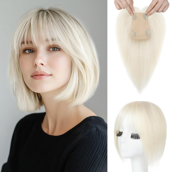 REECHO Human Hair Topper with Bangs for Women Real Human Hair Natural Hairpiece for Daily Wear, White Blonde
