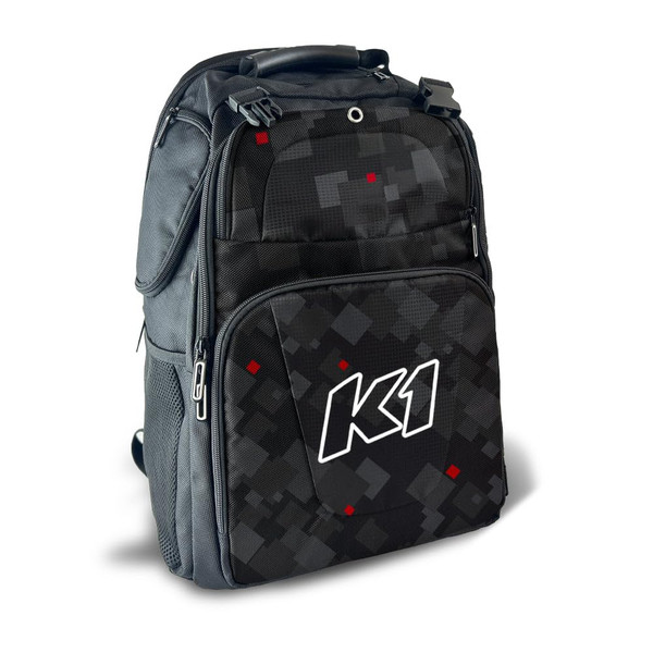 K1 RaceGear 33-QUE-NR Gear Bag, Quest Backpack, 12 in Long x 8.5 in Wide x 20 in Tall, Zipper Closure, Backpack, Laptop Compartment, K1 Logo, Polyester, Black/Gray/Red/White, Each