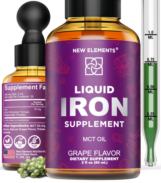Iron Supplement for Women & Men Free Blood Builder, Iron Vitamin for Anemia | Liquid Iron Drops for Adults with MCT Oil, Natural Grape Flavor, Faster Absorption & Immune Support (2 Fl Oz)
