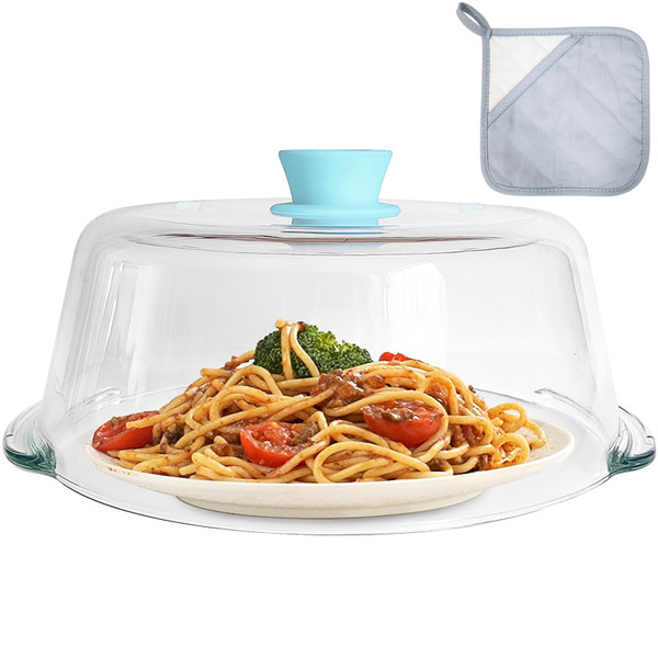 Tall Glass Microwave Splatter Cover for Food with Vent Hole 100% Food Safe 10in Plate Splatter Guard Lid with Silicone Knob BPA Free Cookware Serving Dish Cover Dishwasher Safe