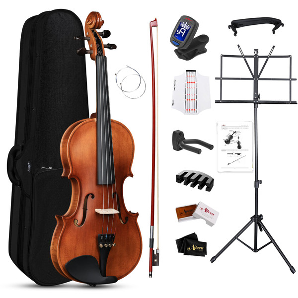 Aileen 4/4 Violin Set, Full Size Fiddle for Adults Beginners with Hard Case, Music Stand, Shoulder Rest, Rosin, Bow, Tuner, Extra Strings, Mute, Wall Mount, Fingerboard Sticker, Cleaning Cloth
