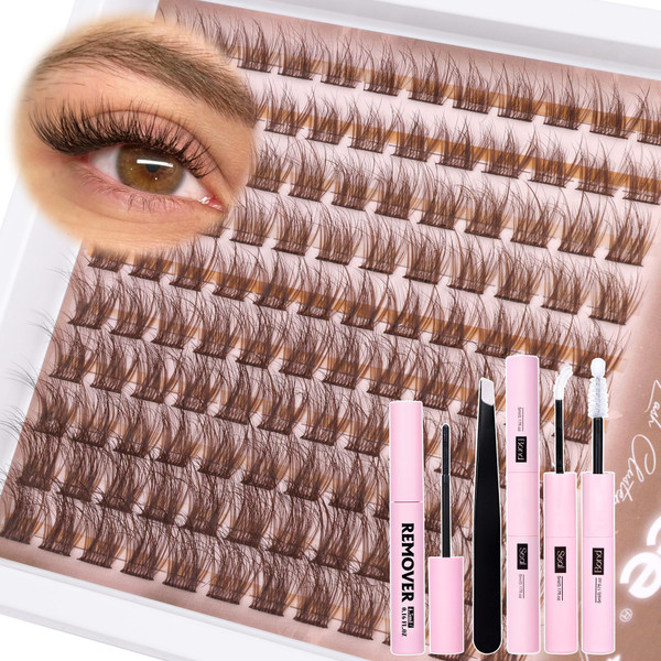 Brown Lash Cluster Kit Dark Brown Eyelash Clusters Gently Fluffy Individual Lashes Kit Natural DIY Lash Extensions Kit Wispy Cluster Eyelash Extensions Kit with Lash Bond and Seal Remover Tweezers