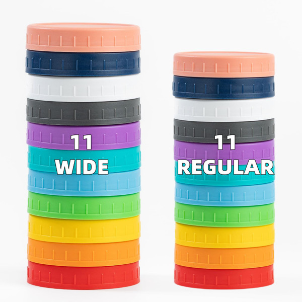Bedgeta 22 Pack Plastic Mason Jar Lids, 11 Wide Mouth & 11 Regular Mouth with Silicone Rings,Thickened Leak-proof Lids Fit Ball,Kerr and More, 86mm & 70mm(Multicolored)