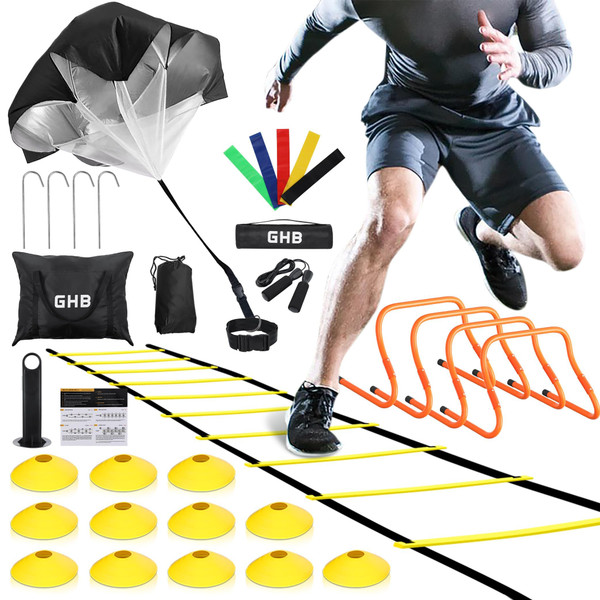GHB Agility Ladder,Football Training Equipment Set,4 Agility Hurdles, 20 feet 12 Rungs Speed Ladder,12 Disc Cones,Resistance Parachute, Jump Rope, 5 Resistance Bands for Workout GHB Agility Ladder,Football Training Equipment Set,4 Agility Hurdles, 20 feet 12 Rungs Speed Ladder,12 Disc Cones,Resistance Parachute, Jump Rope, 5 Resistance Bands for Workout