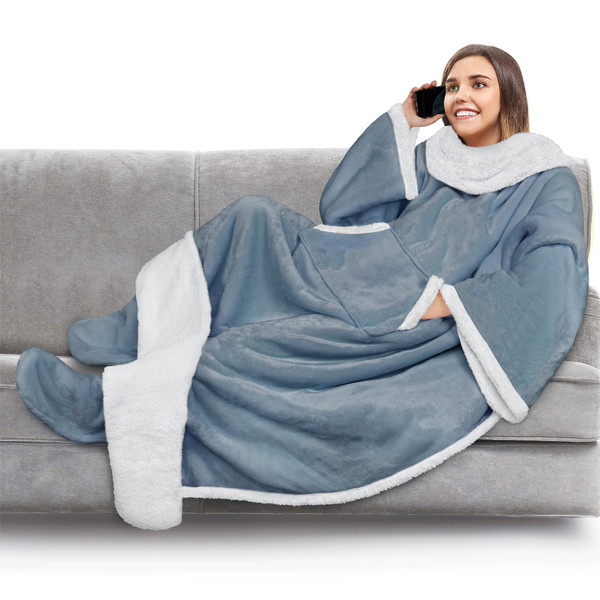 PAVILIA Sherpa Blanket with Sleeves, Foot Pocket for Women Men Adults, Thick Wearable Blanket Throw Wrap, Fleece Warm Snuggle Blanket Robe, Cozy Gift Ideas Wife Mom, Blue