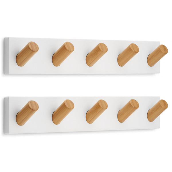 LARHN Wall Mounted Coat Rack, White with 5 Heavy-Duty 1" Diameter Hooks (2-Pack), 16.5" - Wall Hook Rack - Modern Scandinavian Home Decor