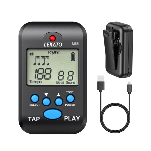LEKATO Digital Metronome, Rechargeable LCD Electronic Mini Metronome, Human Voice, Clip on,10 Beat Sounds, Volume Adjustable, Portable M65 Metronome for Piano, Guitar, Flute, Violin, Drum (black)