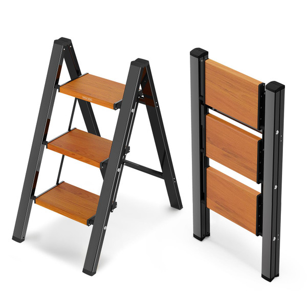 WOA WOA Step Ladder with Widened Pedals, Folding Step Stool with Anti-Slip Feet, Portable Home Ladder for Adults, Kitchen Small Stepladder 300 lbs Capacity (3 Step, Black & Wood Grain) WOA WOA Step Ladder with Widened Pedals, Folding Step Stool with Anti-Slip Feet, Portable Home Ladder for Adults, Kitchen Small Stepladder 300 lbs Capacity (3 Step, Black & Wood Grain)