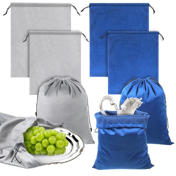 Aiyorse 8 Pcs Silver Storage Bags, Anti Tarnish Storage Pouches Two sizes Silver Protection Bags Blue Gray Jewelry Protector Bag for Jewelry, Flatware, Trays (12.6×15.8in,19.3×23.6in)