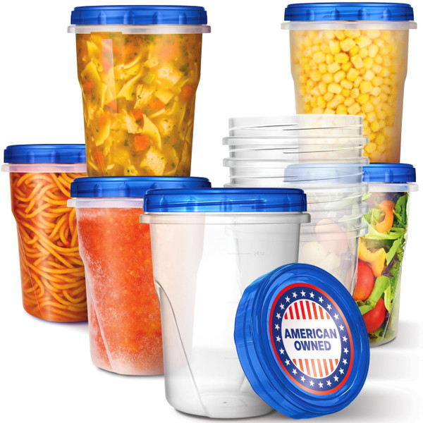 Stock Your Home 32oz Plastic Containers with Twist Top Lids (6 Pack), Quart Freezer Containers with Lids for Leftover Food, Airtight Reusable Soup Containers, Microwave and Dishwasher Safe