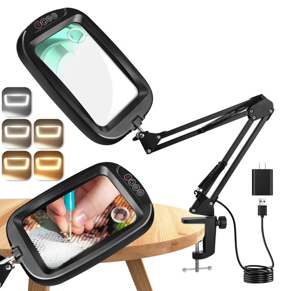 10X 30X Extra Large Magnifying Glass with Light and Clamp, Rectangle Hands Free Magnifier with 5 Color Modes, Adjustable LED Lighted Magnifying Desk Lamp for Reading Close Work Craft Painting (Black)