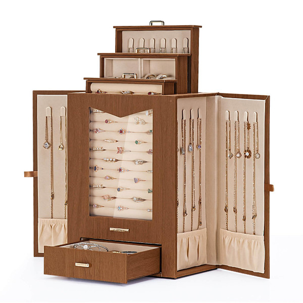 Homde Jewelry Organizer with Transparent Window Necklace Hooks Gift for Women Jewelry Box Display Case for Necklaces Rings Earrings Bracelets and Other Accessories (Brown)