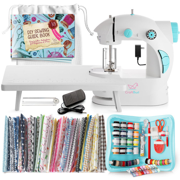 CraftBud Mini Sewing Machine for Beginners, Dual Speed Small Portable Sewing Machine for Kids and Adults with Extension Table, 122 Piece Gift Set Includes, Fabrics, Project Book, Light and More, White