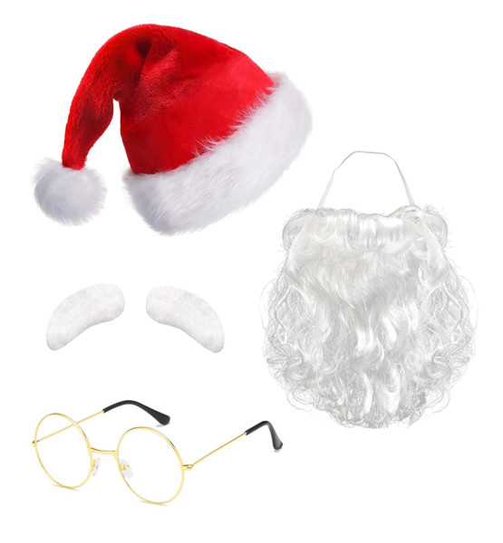 Christmas Santa Costume Set Santa Beard Santa Hat Glasses and Eyebrow Santa Costume Accessories for Xmas Holiday Cosplay Party